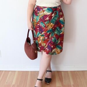 Silk Wrap Skirt Multicolor Tropical Leaf Print Vintage 90s Vacation Plus Size 24